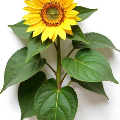 A Bright Yellow Sunflower With Green Leaves Against A White Background 18 9366
