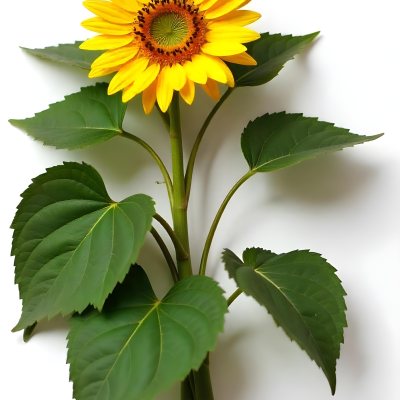 A Bright Yellow Sunflower With Green Leaves Against A White Background 19 08ea