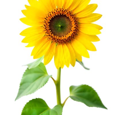 A Bright Yellow Sunflower With Green Leaves Against A White Background 3 E5fe