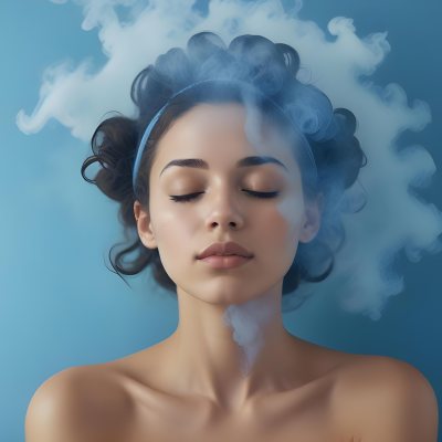 A Caucasian Woman 25 Years Old Light Skin Closed Eyes With Blue Smoke Around Her Head Blue Background 1 9723