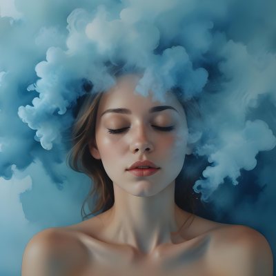 A Caucasian Woman 25 Years Old Light Skin Closed Eyes With Blue Smoke Around Her Head Blue Background 13 8db2