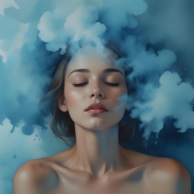 A Caucasian Woman 25 Years Old Light Skin Closed Eyes With Blue Smoke Around Her Head Blue Background 24 A91c