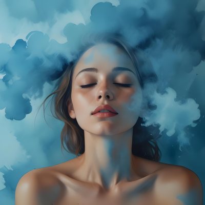 A Caucasian Woman 25 Years Old Light Skin Closed Eyes With Blue Smoke Around Her Head Blue Background 28 Fdb9