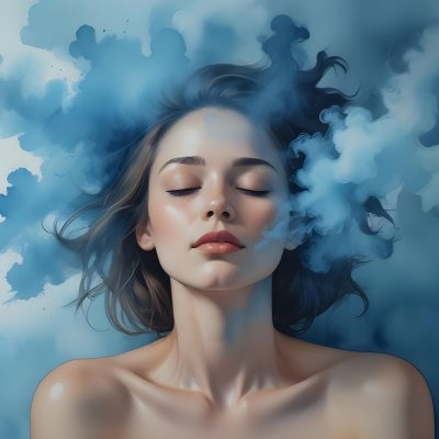 A Caucasian Woman 25 Years Old Light Skin Closed Eyes With Blue Smoke Around Her Head Blue Background 49 0732