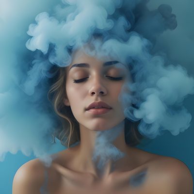 A Caucasian Woman 25 Years Old Light Skin Closed Eyes With Blue Smoke Around Her Head Blue Background 52 097b