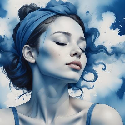 A Caucasian Woman 25 Years Old Light Skin Closed Eyes With Blue Smoke Around Her Head Blue Background 61 413b