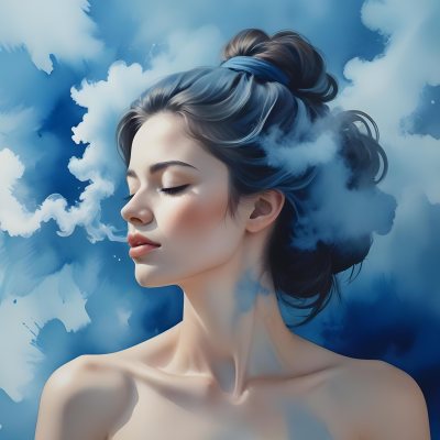 A Caucasian Woman 25 Years Old Light Skin Closed Eyes With Blue Smoke Around Her Head Blue Background 65 Fe01