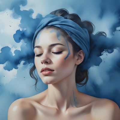 A Caucasian Woman 25 Years Old Light Skin Closed Eyes With Blue Smoke Around Her Head Blue Background 69 2496