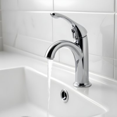 A Chrome Faucet With Water Running Into A White Sink The Background Is White 1 5291