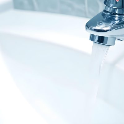 A Chrome Faucet With Water Running Into A White Sink The Background Is White 10 E329