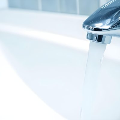 A Chrome Faucet With Water Running Into A White Sink The Background Is White 2 068e