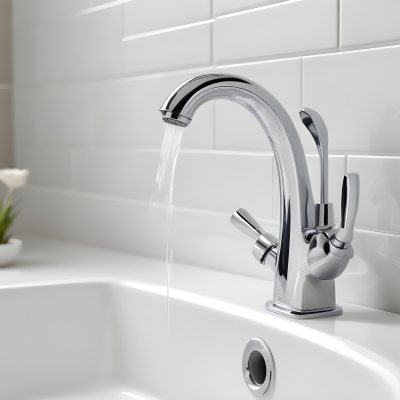 A Chrome Faucet With Water Running Into A White Sink The Background Is White 3 5e95