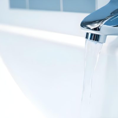 A Chrome Faucet With Water Running Into A White Sink The Background Is White 4 A5a8
