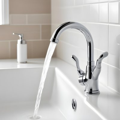 A Chrome Faucet With Water Running Into A White Sink The Background Is White 5 9cf3
