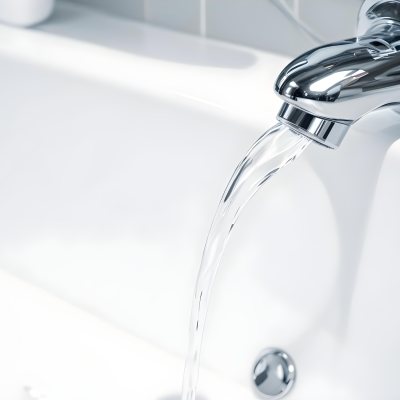 A Chrome Faucet With Water Running Into A White Sink The Background Is White 7 29b1