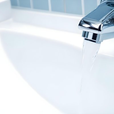 A Chrome Faucet With Water Running Into A White Sink The Background Is White 8 5361