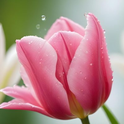 A Close Up Of A Pink Tulip Flower With Water Droplets On The Petals Against A Blurred Green Background 4 2edf