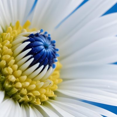 A Close Up Of A White Daisy Flower With Blue Center Against A Bright Blue Background 3 7e8f