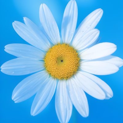 A Close Up Of A White Daisy Flower With Blue Center Against A Bright Blue Background 32 A775