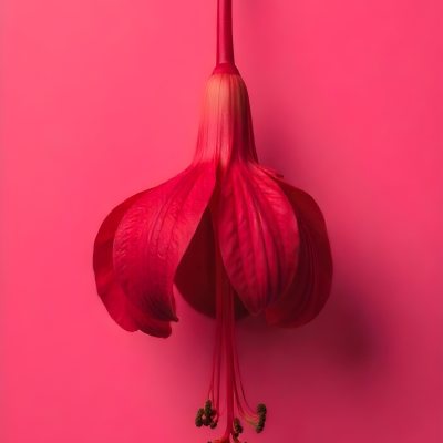 A Dark Red Flower With A Red Stem The Flower Is Upside Down The Background Is Pink Studio Shot Macro Photography High Resolution 1 F9cf