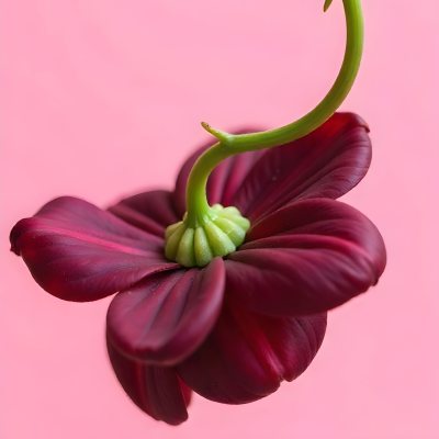 A Dark Red Flower With A Red Stem The Flower Is Upside Down The Background Is Pink Studio Shot Macro Photography High Resolution 19 9f84