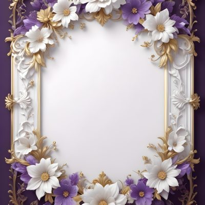 A Decorative Frame With Intricate Floral Patterns And Ornate Designs In Shades Of White Gold And Purple The Frame Features A Central White Flower Surrounded By Smaller Flowers And Swirling Curving Elements The 12 3917