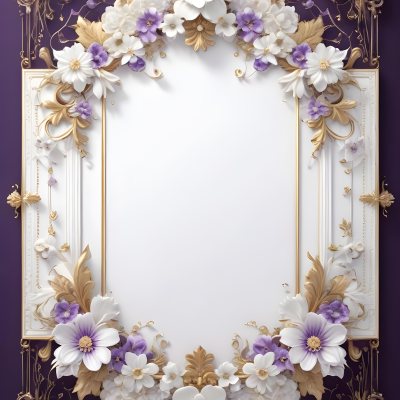 A Decorative Frame With Intricate Floral Patterns And Ornate Designs In Shades Of White Gold And Purple The Frame Features A Central White Flower Surrounded By Smaller Flowers And Swirling Curving Elements The 20 6d13