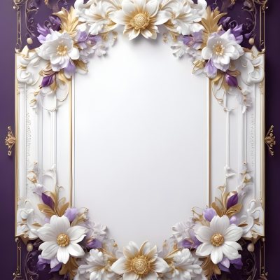 A Decorative Frame With Intricate Floral Patterns And Ornate Designs In Shades Of White Gold And Purple The Frame Features A Central White Flower Surrounded By Smaller Flowers And Swirling Curving Elements The 21 0198