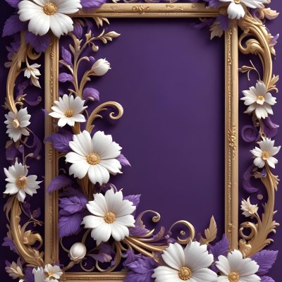 A Decorative Frame With Intricate Floral Patterns And Ornate Designs In Shades Of White Gold And Purple The Frame Features A Central White Flower Surrounded By Smaller Flowers And Swirling Curving Elements The 24 Bb94