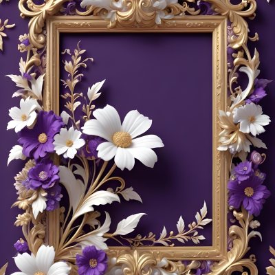 A Decorative Frame With Intricate Floral Patterns And Ornate Designs In Shades Of White Gold And Purple The Frame Features A Central White Flower Surrounded By Smaller Flowers And Swirling Curving Elements The 27 1647