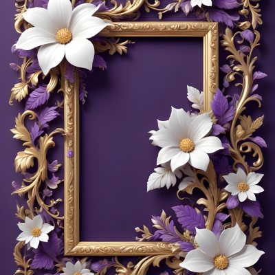 A Decorative Frame With Intricate Floral Patterns And Ornate Designs In Shades Of White Gold And Purple The Frame Features A Central White Flower Surrounded By Smaller Flowers And Swirling Curving Elements The 28 D13d