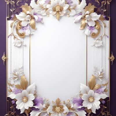 A Decorative Frame With Intricate Floral Patterns And Ornate Designs In Shades Of White Gold And Purple The Frame Features A Central White Flower Surrounded By Smaller Flowers And Swirling Curving Elements The 3 3ef0
