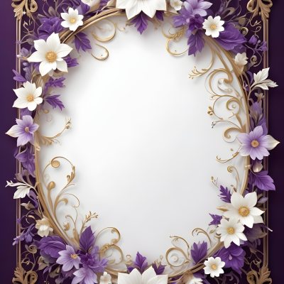 A Decorative Frame With Intricate Floral Patterns And Ornate Designs In Shades Of White Gold And Purple The Frame Features A Central White Flower Surrounded By Smaller Flowers And Swirling Curving Elements The 35 7749