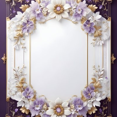 A Decorative Frame With Intricate Floral Patterns And Ornate Designs In Shades Of White Gold And Purple The Frame Features A Central White Flower Surrounded By Smaller Flowers And Swirling Curving Elements The 4 1ff9