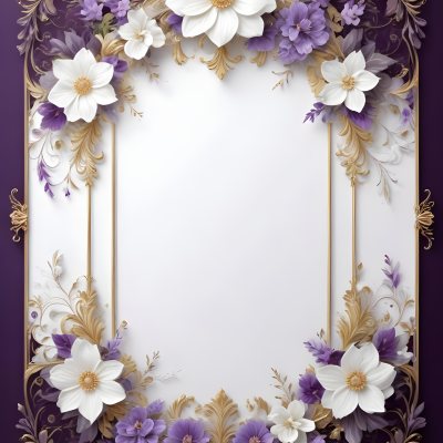 A Decorative Frame With Intricate Floral Patterns And Ornate Designs In Shades Of White Gold And Purple The Frame Features A Central White Flower Surrounded By Smaller Flowers And Swirling Curving Elements The 40 3e29