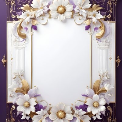 A Decorative Frame With Intricate Floral Patterns And Ornate Designs In Shades Of White Gold And Purple The Frame Features A Central White Flower Surrounded By Smaller Flowers And Swirling Curving Elements The 47 5188