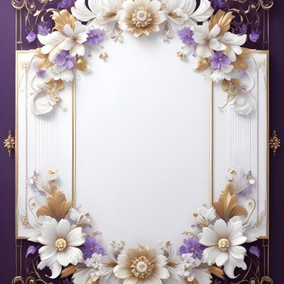 A Decorative Frame With Intricate Floral Patterns And Ornate Designs In Shades Of White Gold And Purple The Frame Features A Central White Flower Surrounded By Smaller Flowers And Swirling Curving Elements The 6 8d51