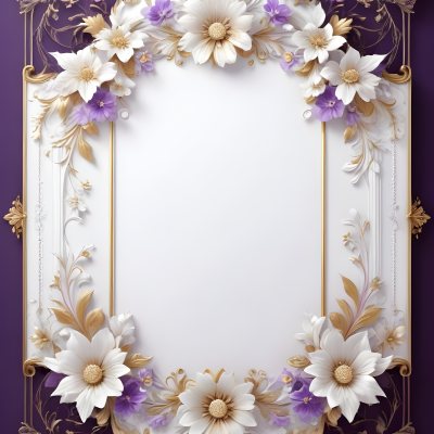 A Decorative Frame With Intricate Floral Patterns And Ornate Designs In Shades Of White Gold And Purple The Frame Features A Central White Flower Surrounded By Smaller Flowers And Swirling Curving Elements The 7 9e26