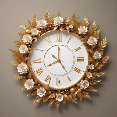 A Decorative Golden Wreath With Leaves And Flowers Surrounding A White Clock Face With Golden Accents 12 8486