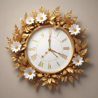 A Decorative Golden Wreath With Leaves And Flowers Surrounding A White Clock Face With Golden Accents 15 8e40