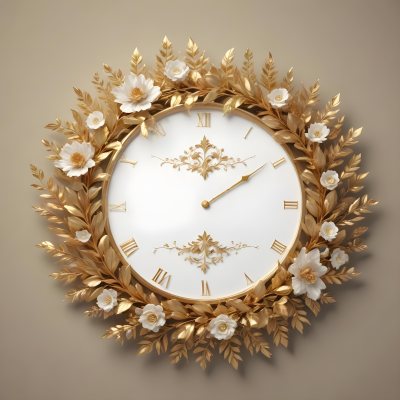 A Decorative Golden Wreath With Leaves And Flowers Surrounding A White Clock Face With Golden Accents 16 6cbb