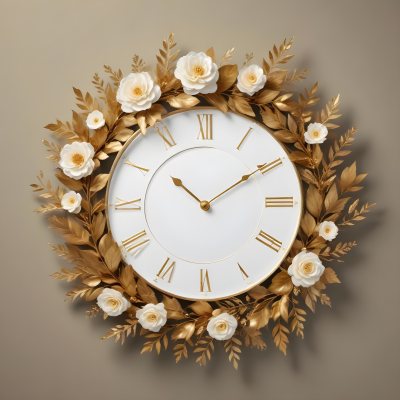 A Decorative Golden Wreath With Leaves And Flowers Surrounding A White Clock Face With Golden Accents 17 86ab