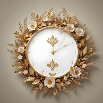 A Decorative Golden Wreath With Leaves And Flowers Surrounding A White Clock Face With Golden Accents 19 Ad97