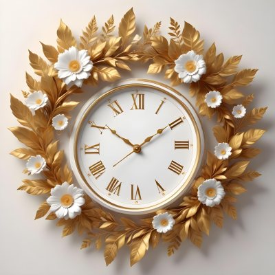 A Decorative Golden Wreath With Leaves And Flowers Surrounding A White Clock Face With Golden Accents 2 9e42