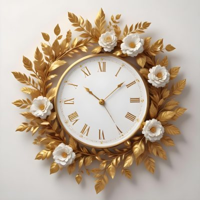 A Decorative Golden Wreath With Leaves And Flowers Surrounding A White Clock Face With Golden Accents 3 Ba17