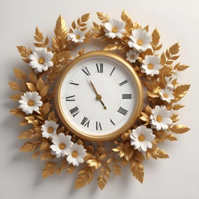 A Decorative Golden Wreath With Leaves And Flowers Surrounding A White Clock Face With Golden Accents 4 5063