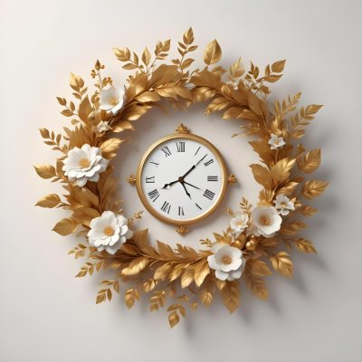 A Decorative Golden Wreath With Leaves And Flowers Surrounding A White Clock Face With Golden Accents 5 A606