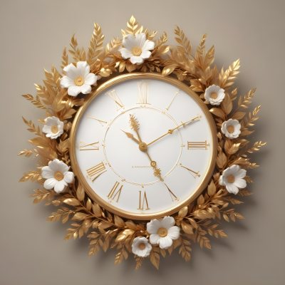 A Decorative Golden Wreath With Leaves And Flowers Surrounding A White Clock Face With Golden Accents 9 8c1f