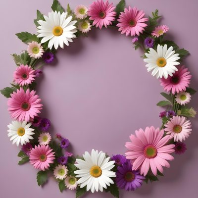 A Floral Frame With Pink Purple And White Daisies Or Gerbera Flowers Surrounded By Green Leaves And Stems 12 Dfd2