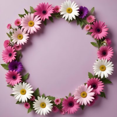 A Floral Frame With Pink Purple And White Daisies Or Gerbera Flowers Surrounded By Green Leaves And Stems 14 2bdb